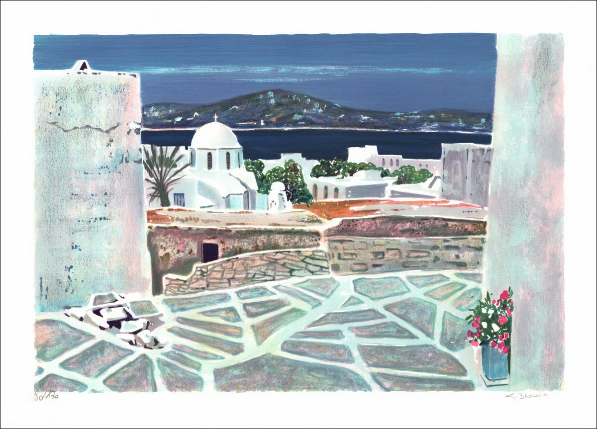 BLOUIN Georges - Litografía original "POROS CHAPEL" firmada y numerada a lápiz.