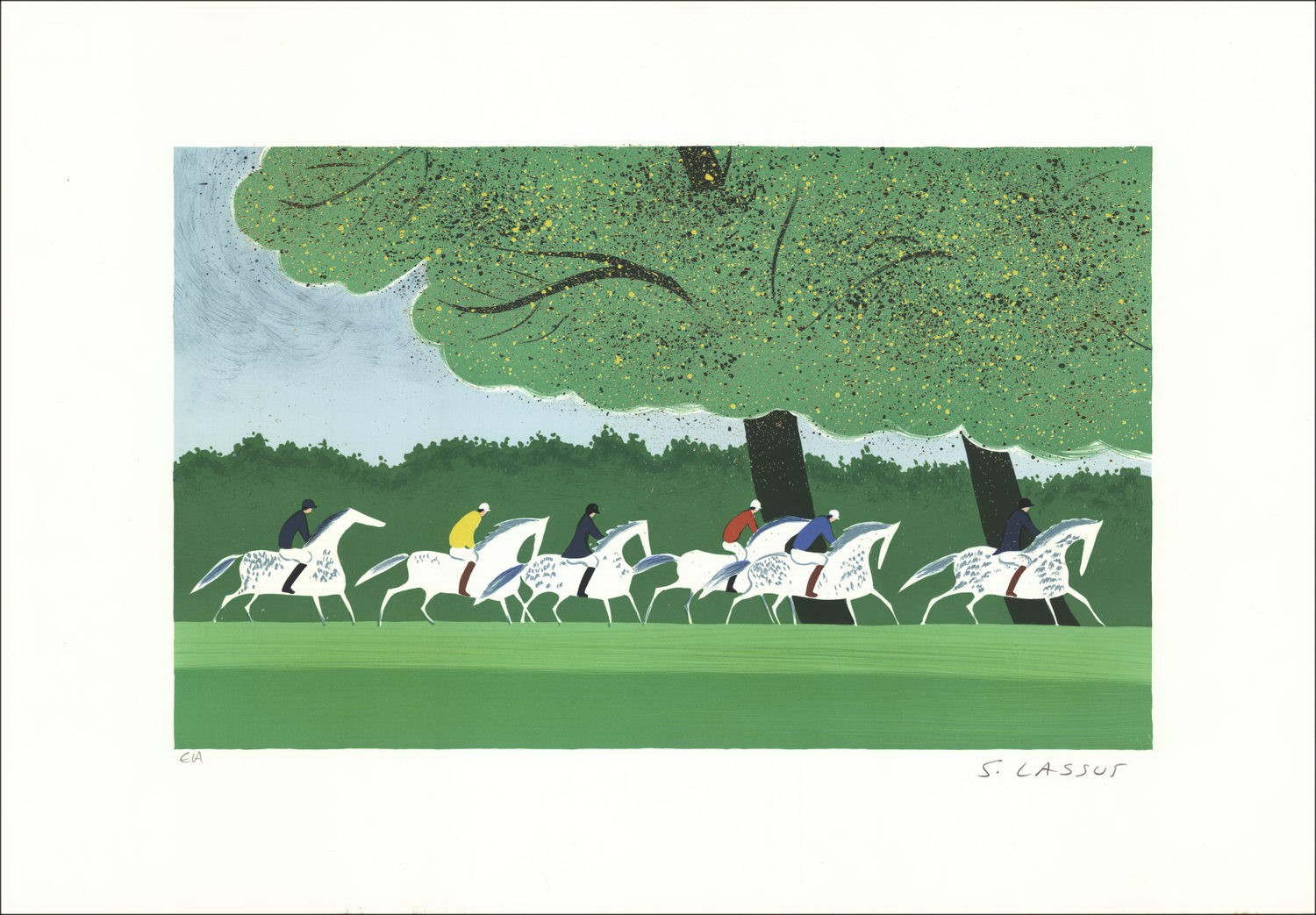 Serge Lassus - Litografía original "Caballos de primavera" 38x55cm