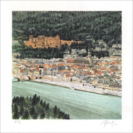 RAFFLEWSKI Rolf - Litografía original "Ciudad del mundo, Heidelberg y su castillo" 29x29cm