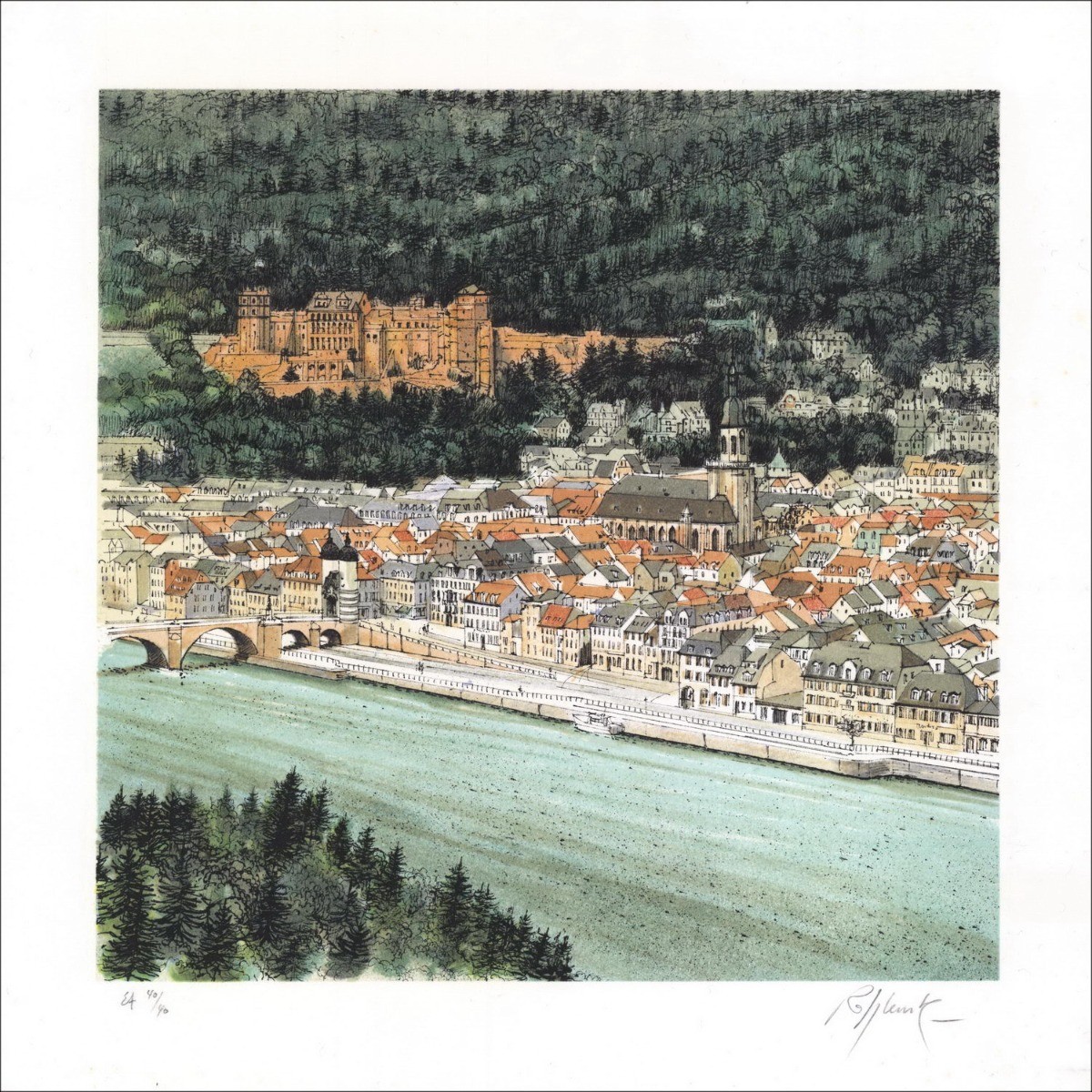 RAFFLEWSKI Rolf - Originele lithografie "City of the World, Heidelberg en zijn kasteel" 29x29cm