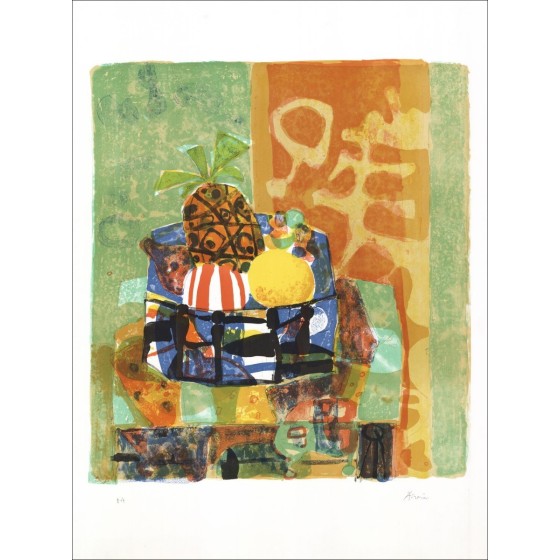 Paul Aïzpiri - Litografía original "Bodegón con frutas" 76x55cm