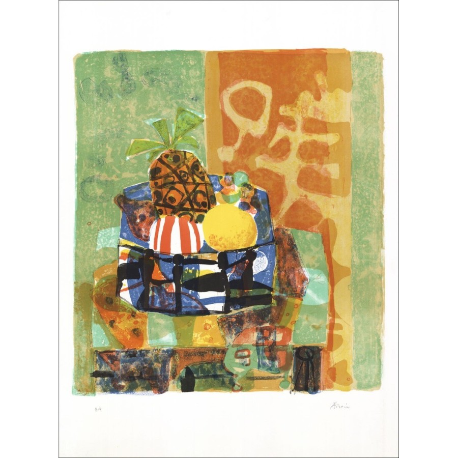 Paul Aïzpiri - Litografia originale "Natura morta con frutta" 76x55cm