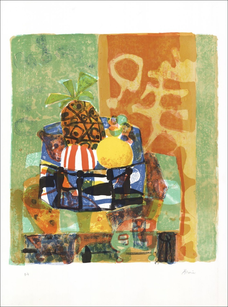 Paul Aïzpiri - Litografia originale "Natura morta con frutta" 76x55cm
