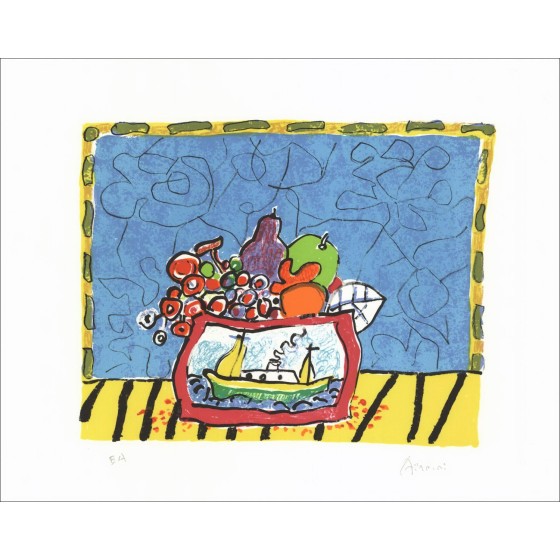 Paul Aïzpiri - Originele Litho "Stilleven met fruit" 27x34cm