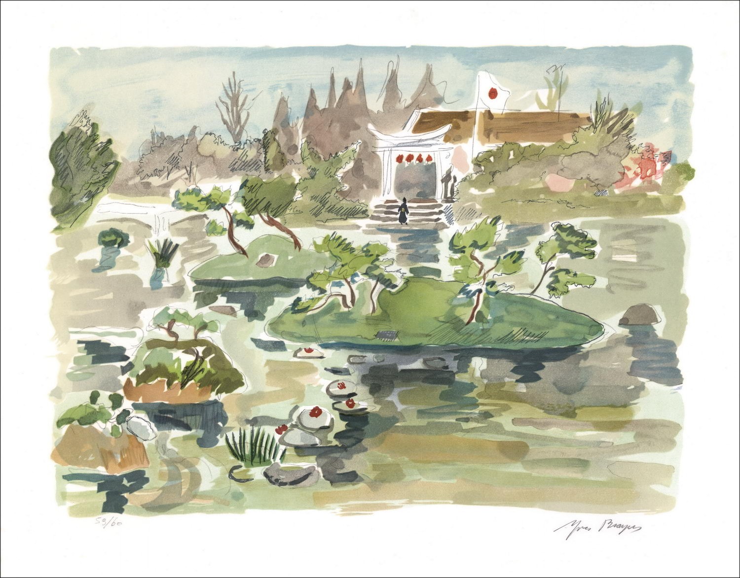 Yves BRAYER Lithographie Originale Le jardin Japonais 01