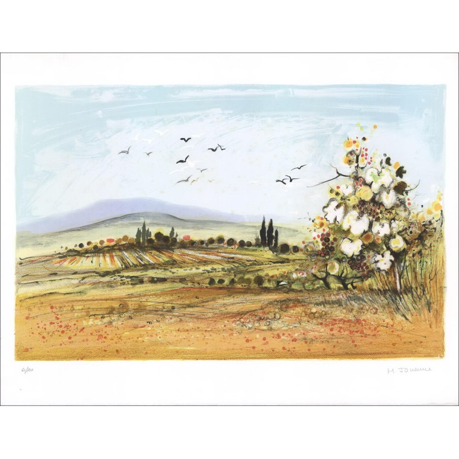 Michel JOUENNE - Original lithograph with relief "Landscape of Provence" 50x65cm