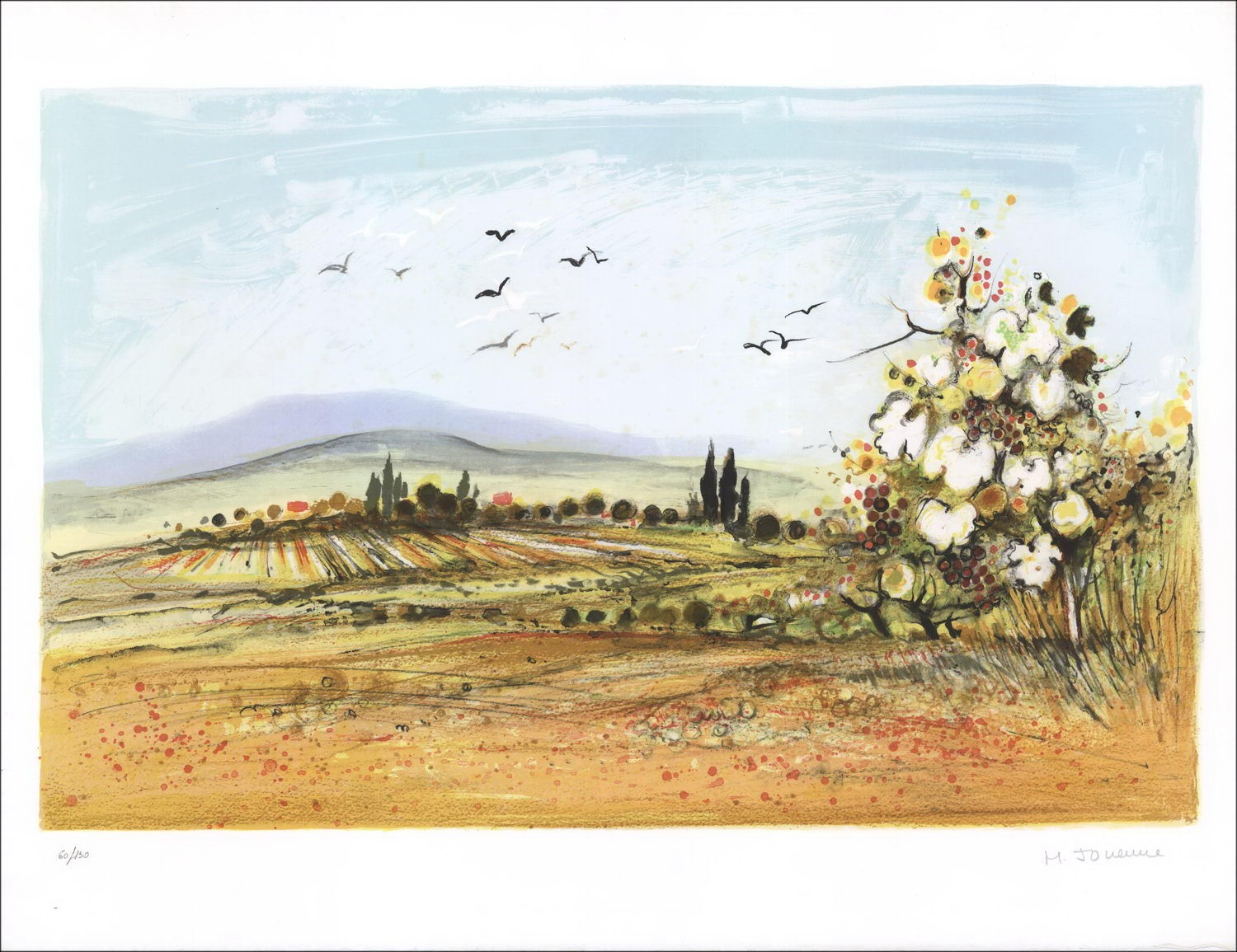 Michel JOUENNE  - Lithographie originale avec relief "Paysage de Provence" 50x65cm