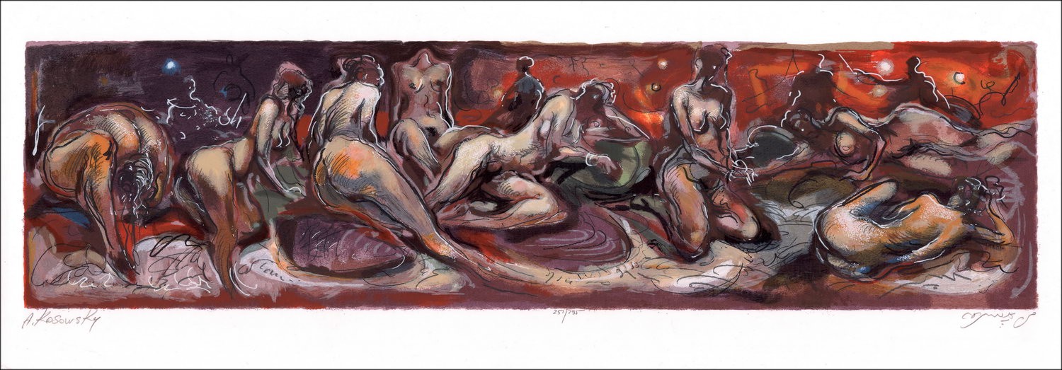 Avinoam KOSOVSKY - Litografia originale "Personaggi nudi" firmata a matita dall'artista.