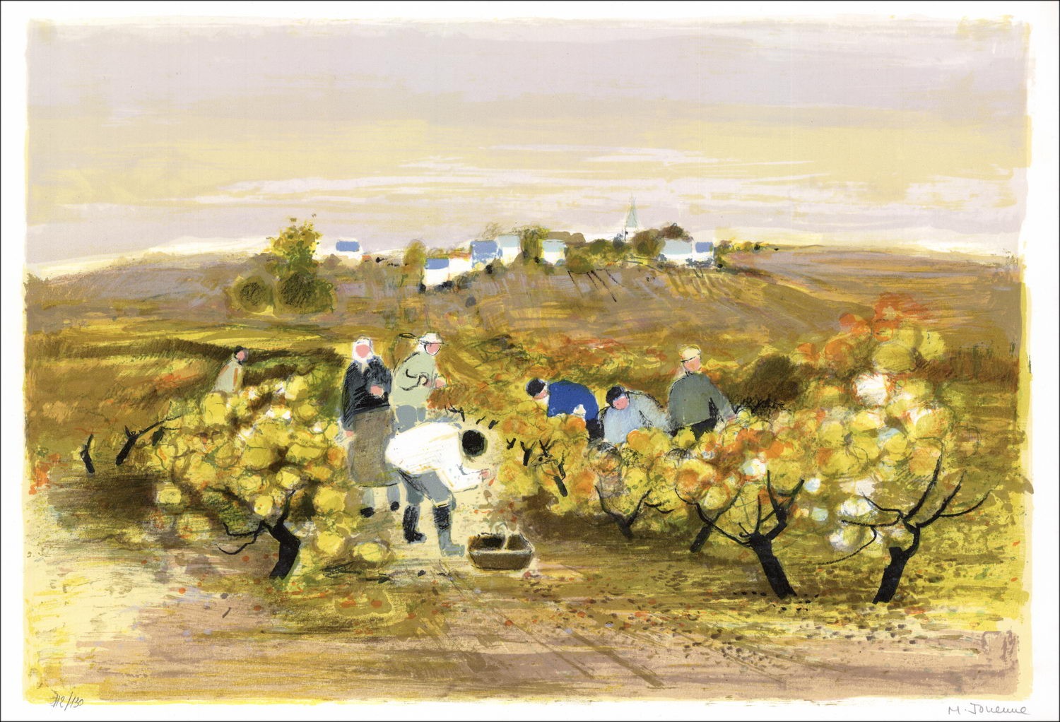Michel JOUENNE  - Lithographie originale "La cueillette dans les vignes" 38x56cm