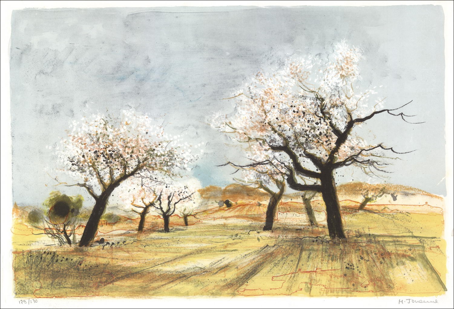 Michel JOUENNE - Original lithograph "The almond trees in flower" 38x56cm