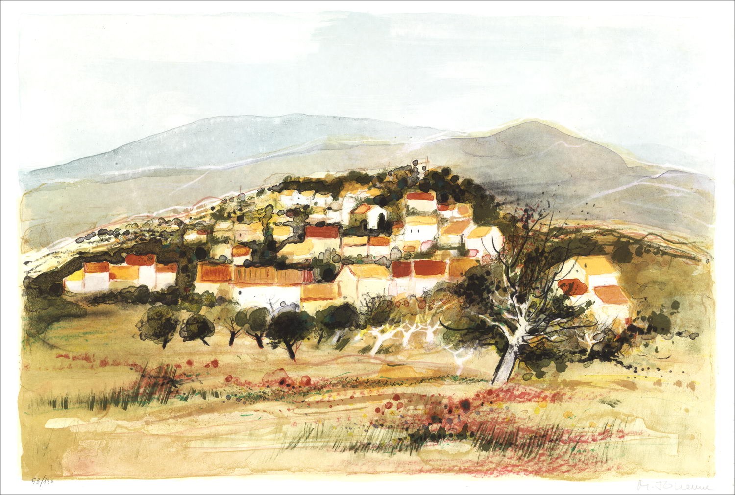 Michel Jouenne - Litografia originale "Il villaggio della Provence" 38x56cm