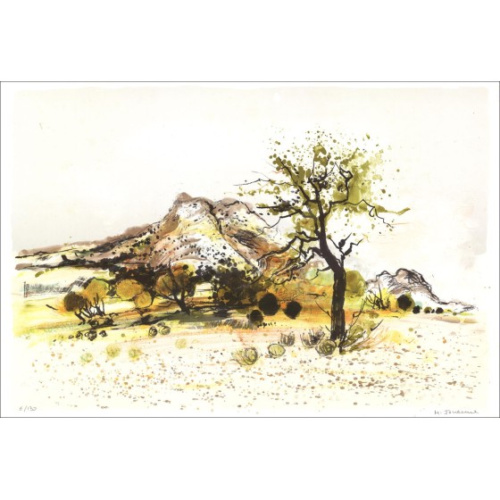 Michel Jouenne - Litografía original "El Almonde al pie de los Alpilles" 38x56cm