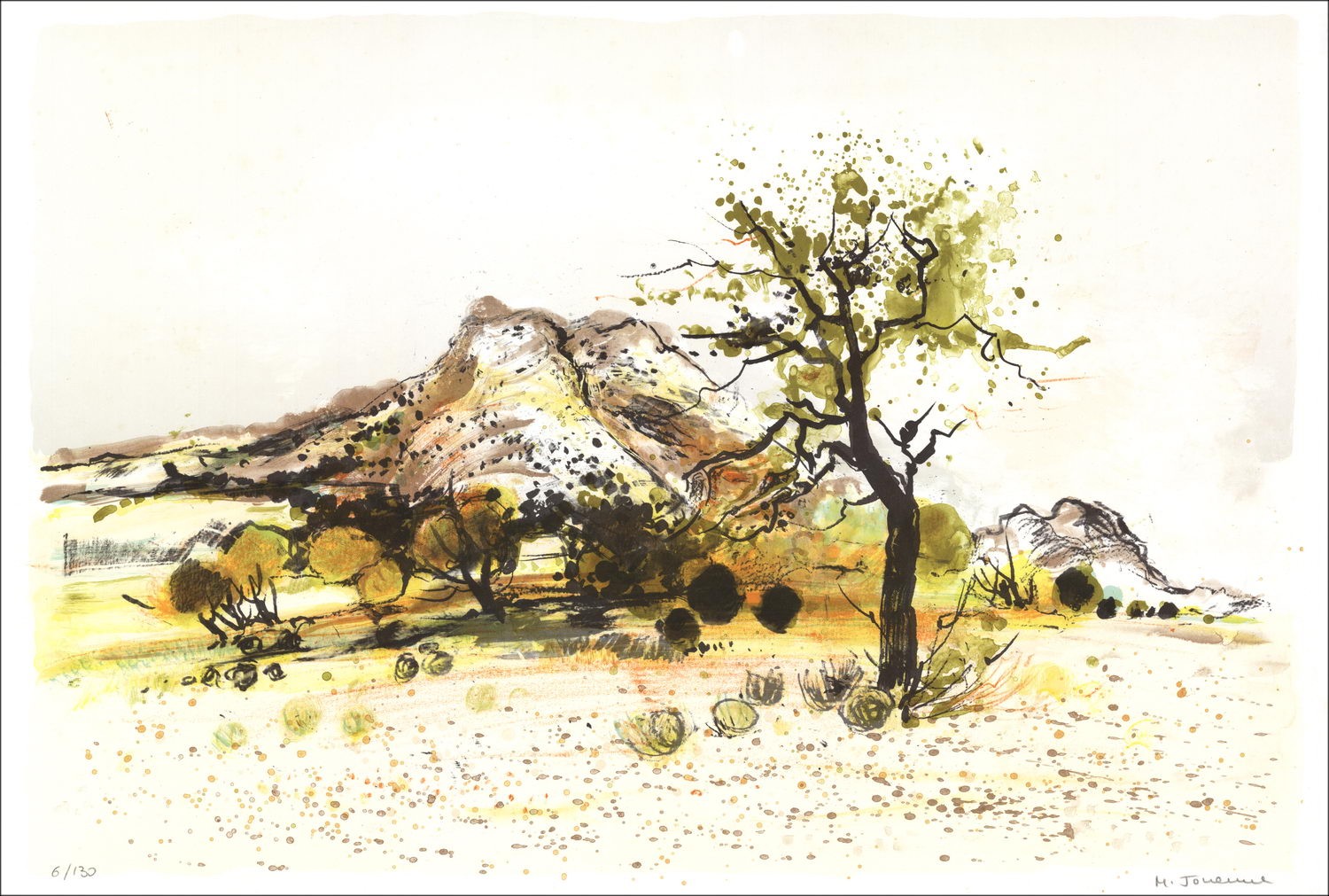 Michel Jouenne - Litografía original "El Almonde al pie de los Alpilles" 38x56cm