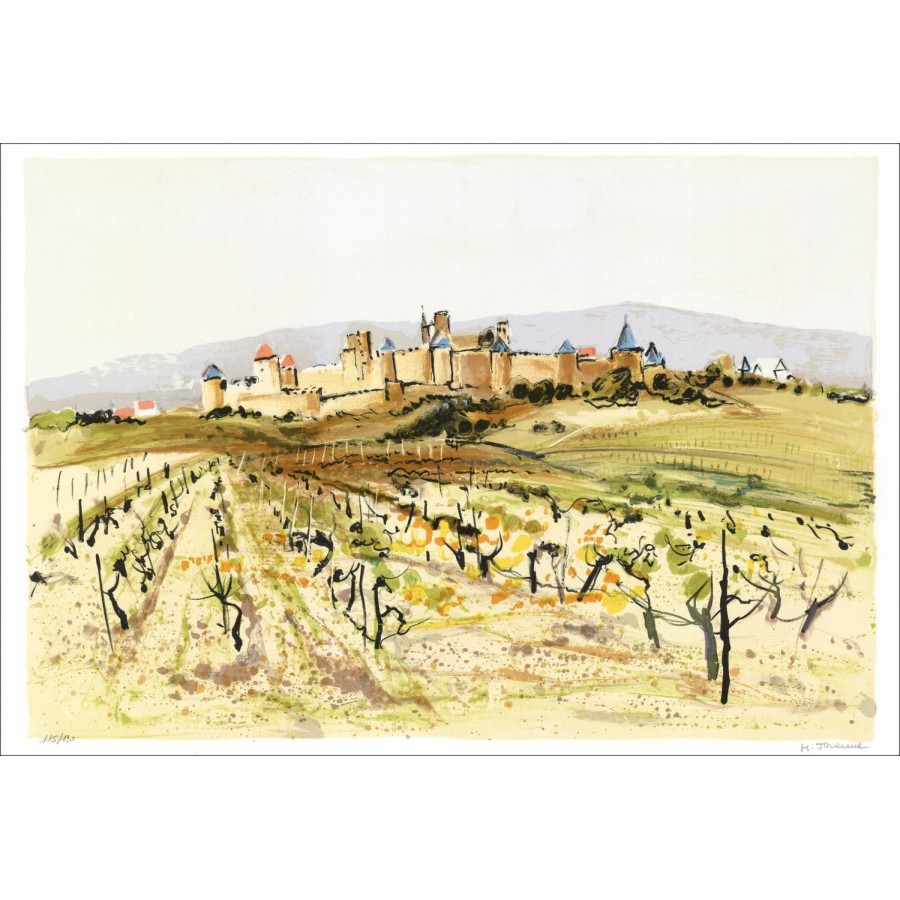 Michel JOUENNE  - Lithographie originale "Les vignes à Carcassonne" 38x56cm