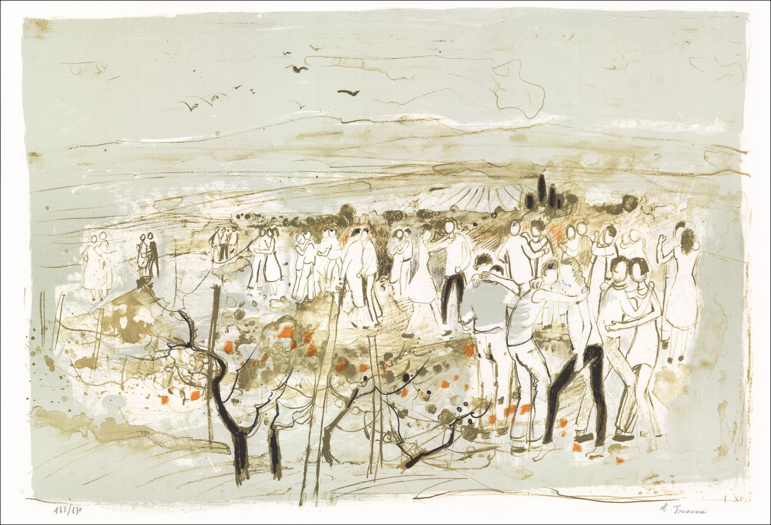 Michel JOUENNE  - Lithographie originale "La fête des vendanges" 38x56cm