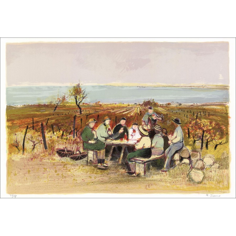 Michel Joyenne - Litografia originale "Il pasto dei winemakers" 38x56cm
