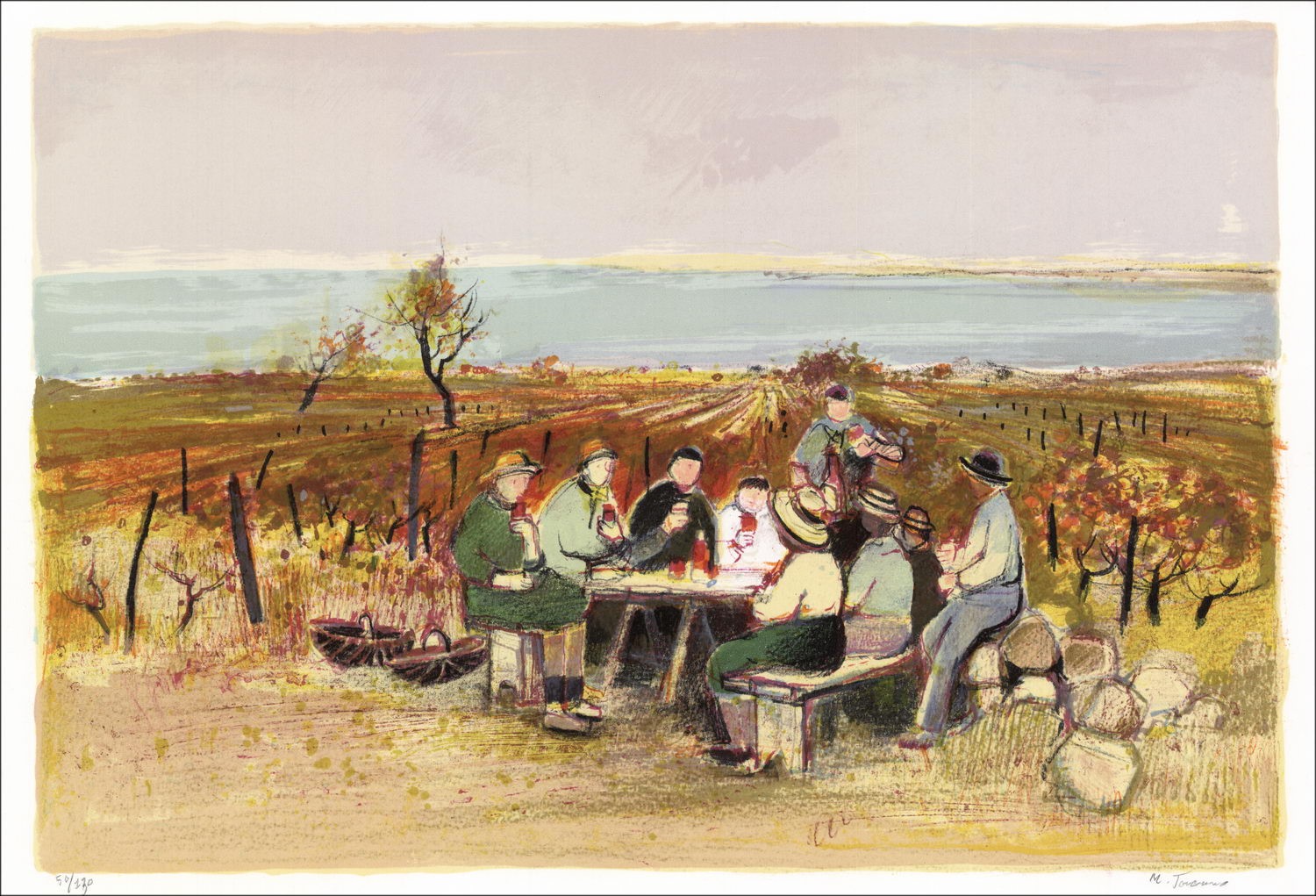 Michel Joyenne - Litografia originale "Il pasto dei winemakers" 38x56cm