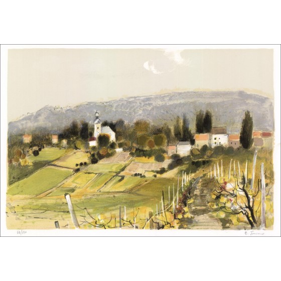 Michel Joyenne - Original-Lithographie "Das Dorf in Champagner" 38x56cm