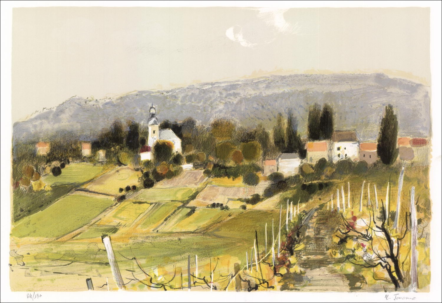 Michel Joyenne - Original-Lithographie "Das Dorf in Champagner" 38x56cm