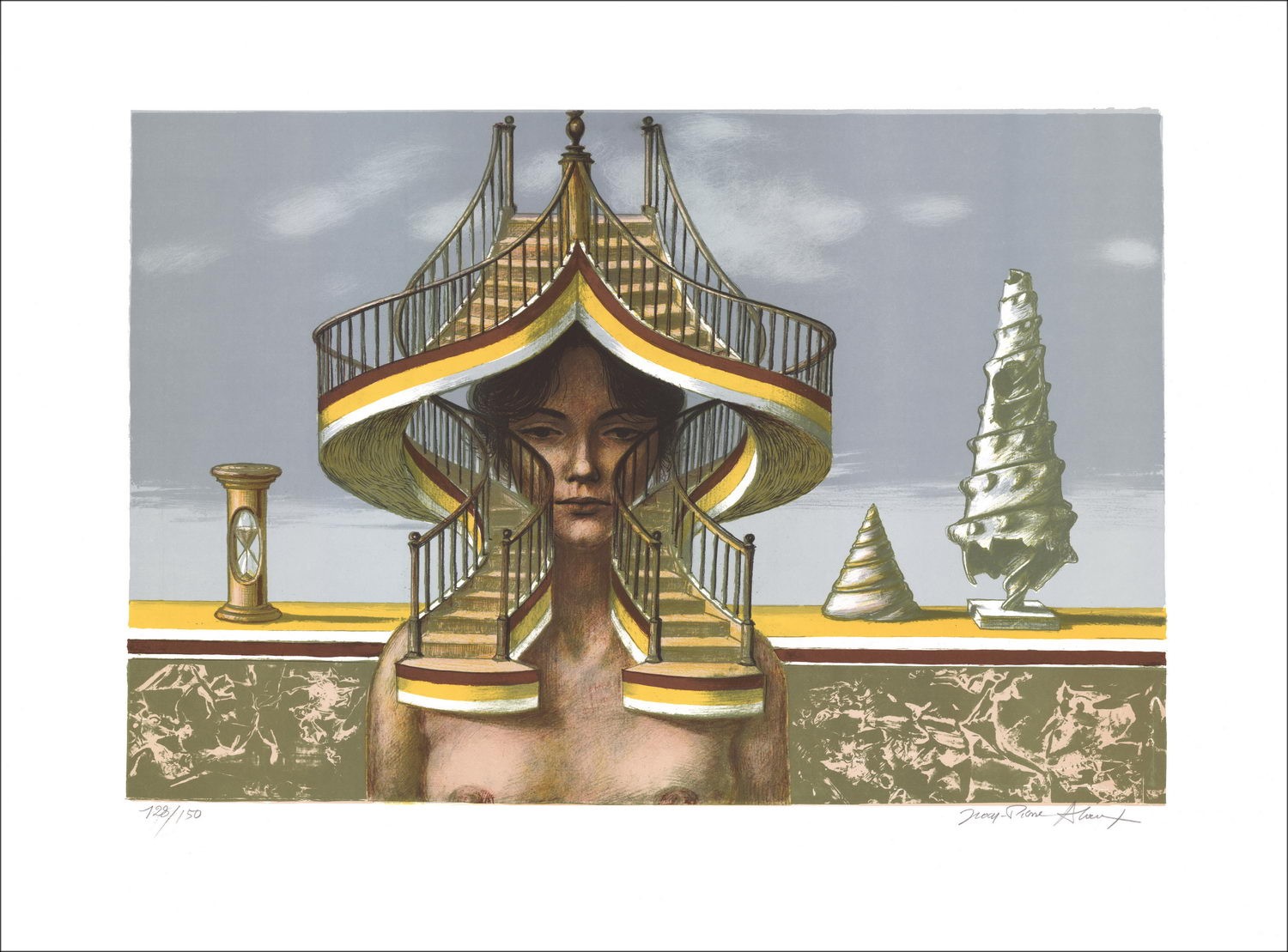 Jean-Pierre ALAUX  - Lithographie originale "Femme escalier" 56x76cm