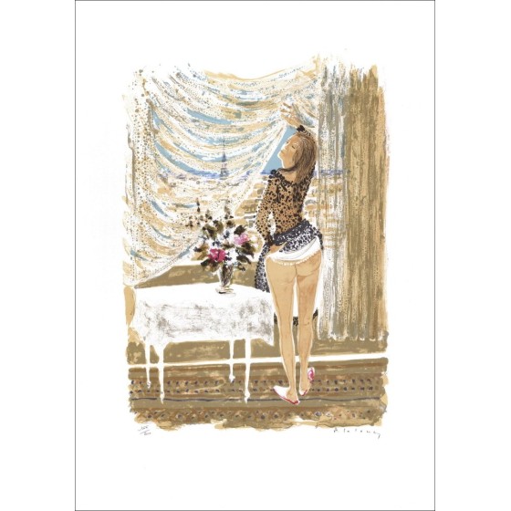 Pierre Lelong - Litografia originale "Donna nella Torre Eiffel" 75x52cm