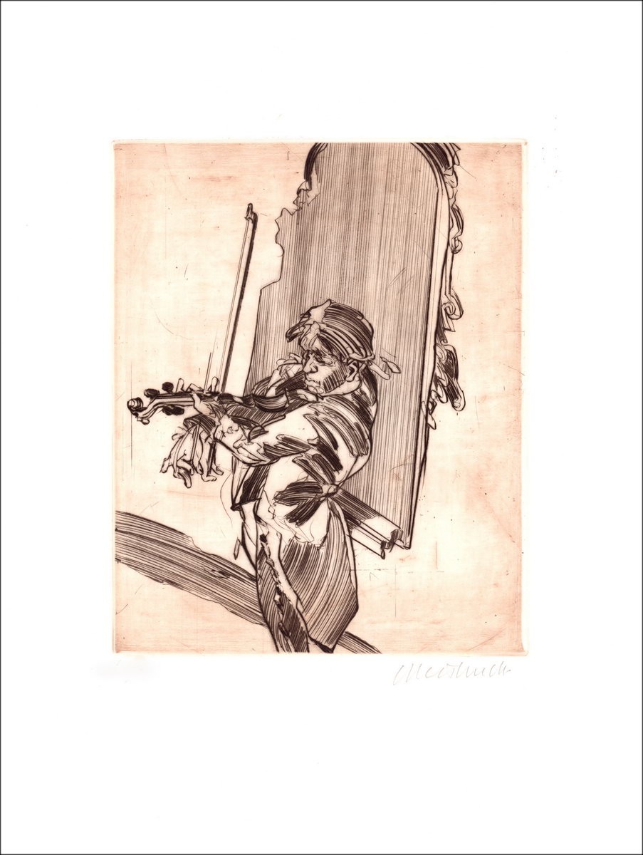 Claude WEISBUCH De vioolspeler in de spiegel Originele gravure