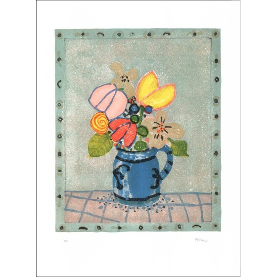 Paul Aïzpiri - Originele litho "Het boeket bloemen met blauwe pot 29" 76x55cm