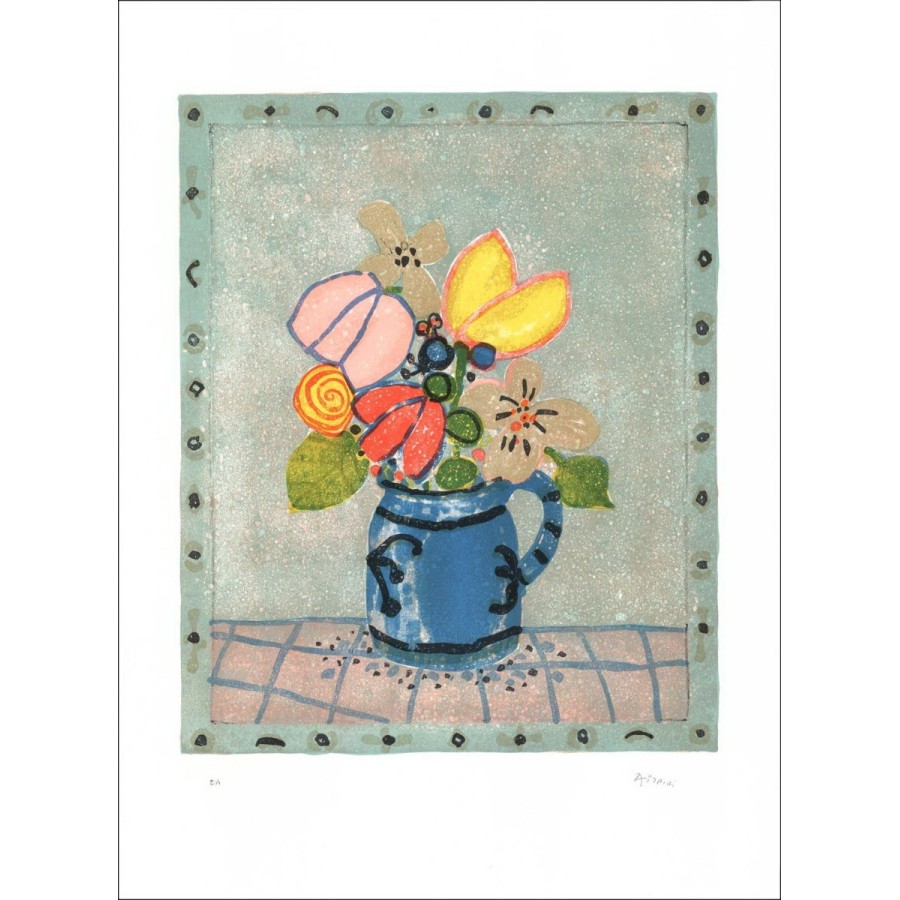 Paul Aïzpiri - Litografía original "El ramo de flores con maceta azul 29" 76x55cm