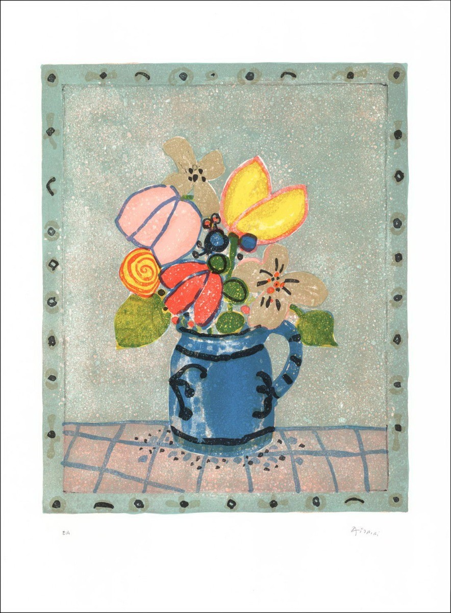 Paul Aïzpiri - Litografia originale "Il bouquet di fiori con pentola blu 29" 76x55cm