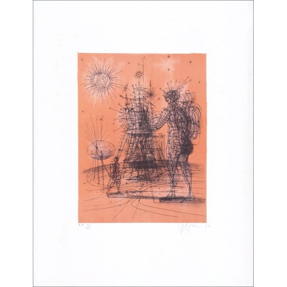 Koop originele lithografie Jean Carzou van de aarde op de maan 12 64x50cm 1970
