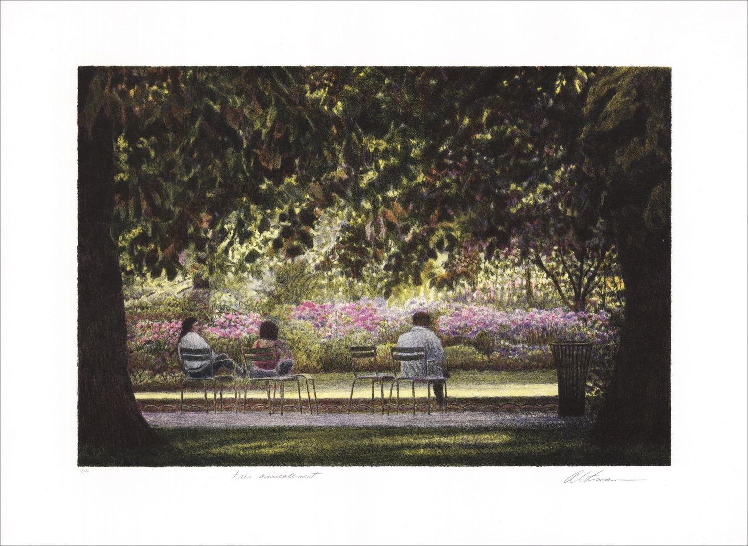 Harold Altman - Litografia originale "Tre persone sedute" 56x76cm -Justified (EA) e firmato a matita