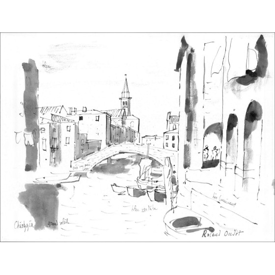 Roland OUDOT: Paesaggio di Venezia, Chioggia, disegno ad acquerello 25x32 cm - Firmato e intitolato