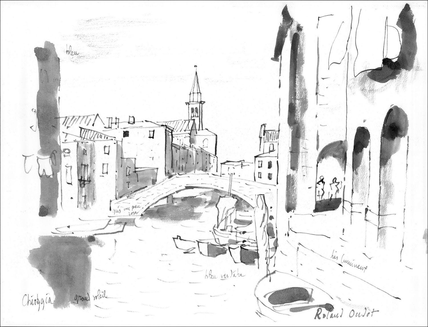 Roland Oudot: Venedig Landschaft, Chioggia, Aquarellzeichnung 25x32 cm - signiert und betitelt