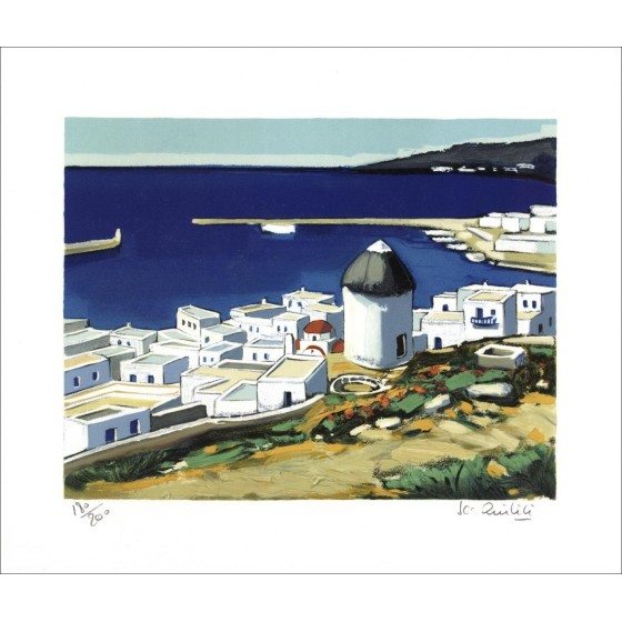 Jean-Claude Quilici - Litografía original "En las alturas de Mykonos" 37x45cm - firmado y numerado a lápiz