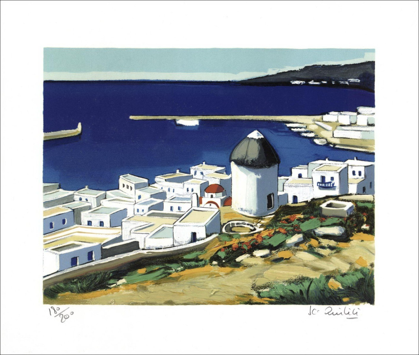 Jean-Claude Quilici - Original-Lithographie "auf den Höhen von Mykonos" 37x45cm - signiert und nummeriert im Bleistift