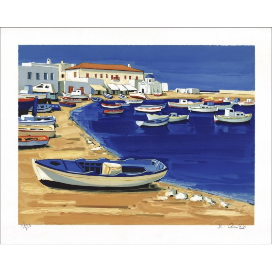 Jean-Claude Quilici - Litografia originale "Blue Boat in Mykonos" 60x76cm - firmato e numerato a matita
