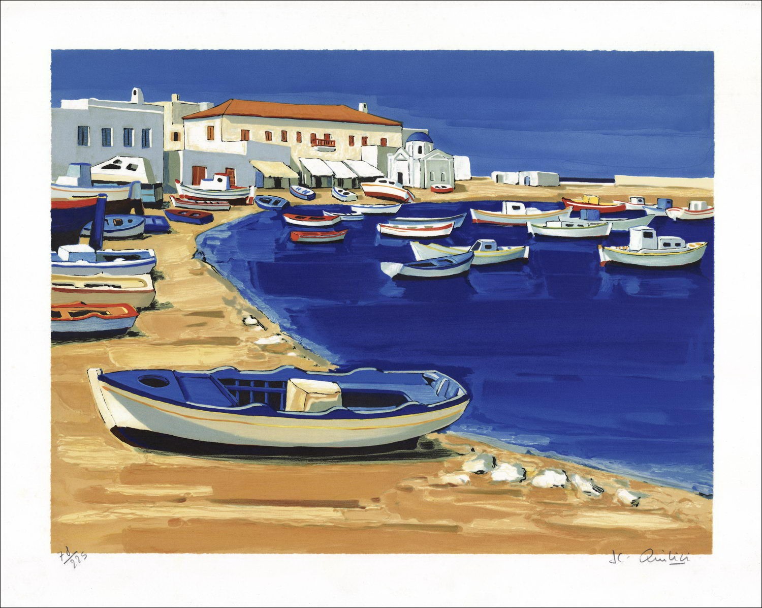 Jean-Claude Quilici - Originele Litho "Blue Boat in Mykonos" 60x76cm - ondertekend en genummerd in potlood