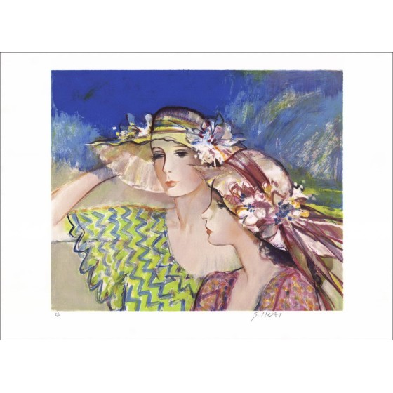 Sachiko Imai - Original-Lithographie "Zwei elegant mit Strohhüten" 56x76cm - in Bleistift signiert und nummeriert