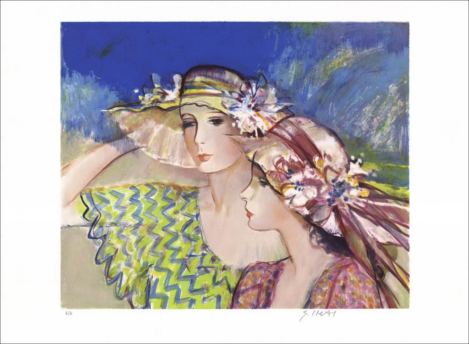 Sachiko Imai - Litografía original "Dos elegantes con sombreros de paja" 56x76cm - Firmado en lápiz y numerado