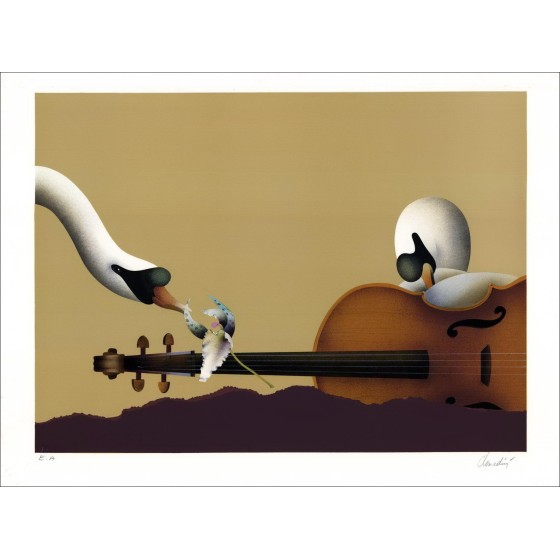 Jean-Paul Donadini - Original-Lithographie "Schwäne und Violine" 56x76cm - Original-Lithographie auf Vellum-Papier, signiert ein