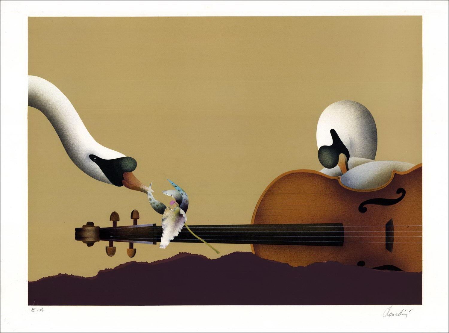 Jean-Paul Donadini - Litografía original "Cisnes y violín" 56x76cm - Litografía original en papel de vitela, firmado un