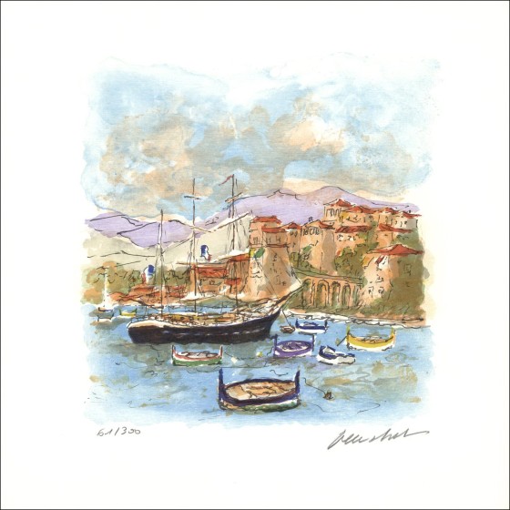 Urban Hünet: Boote am Hafen, Originalsignaturlithographie - 32x32cm