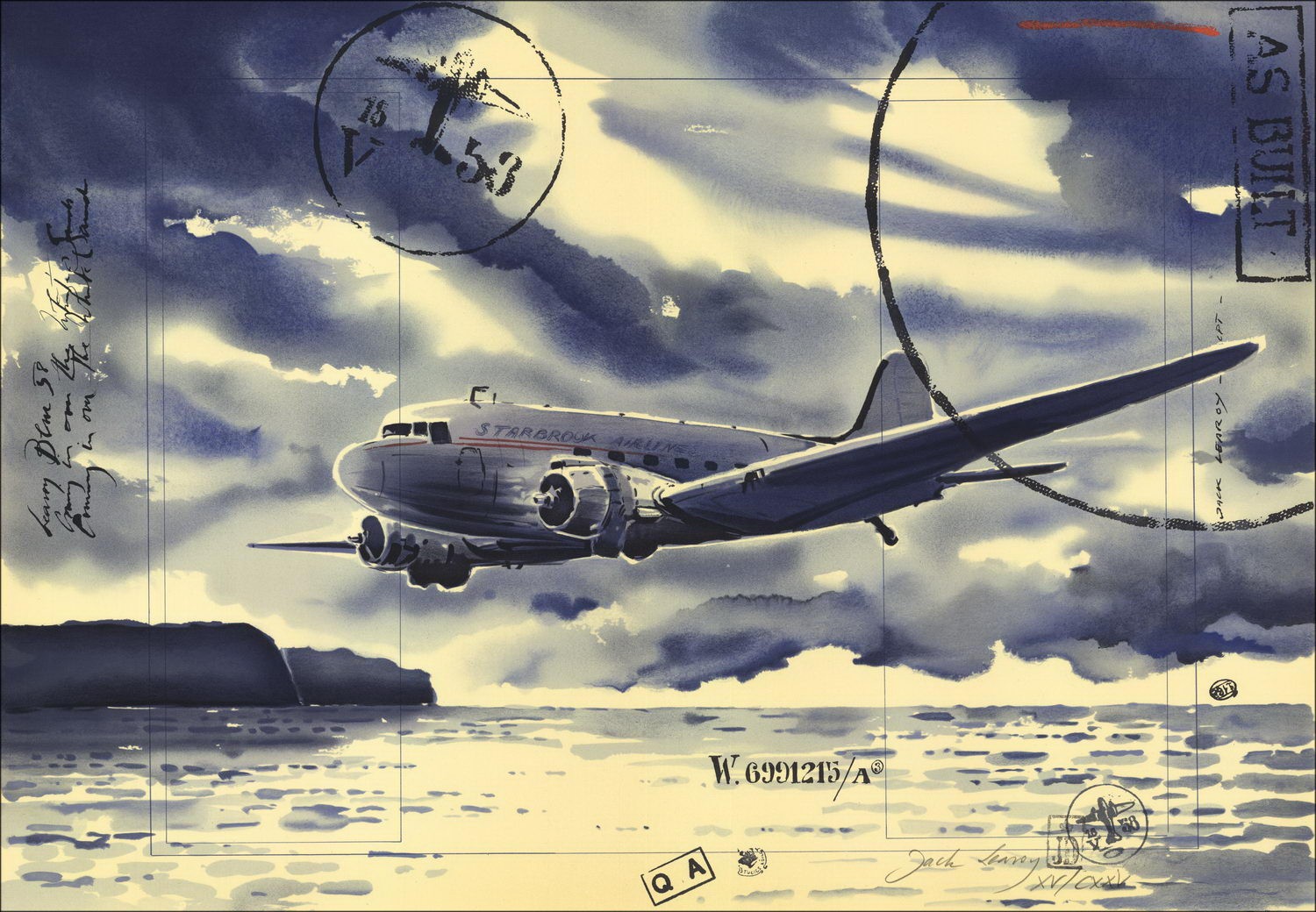 Jack Learoy - Litografía original "Avión en la bahía" 52x75cm