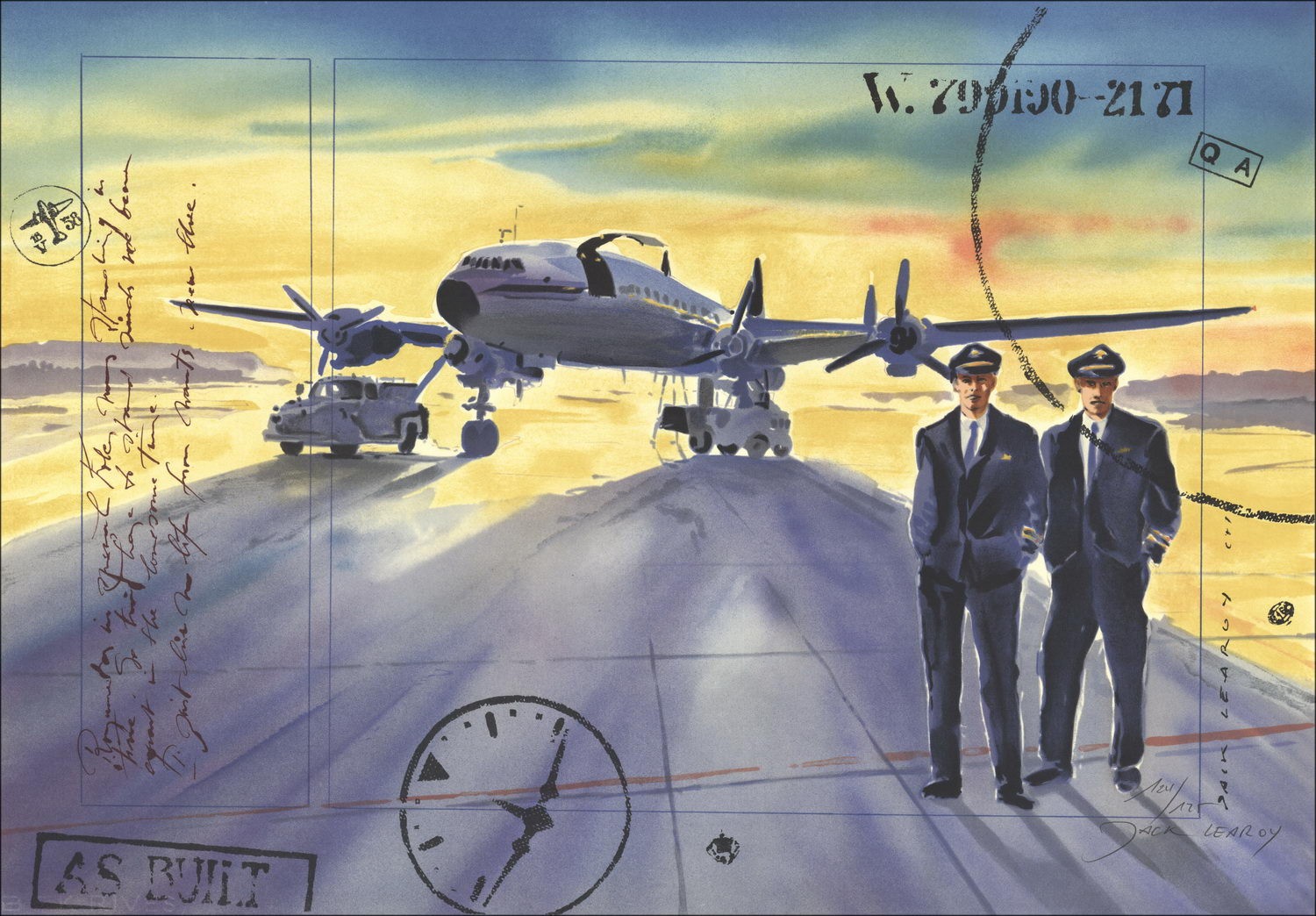 Jack Leary - Litografia originale "Due aviatori sulla pista" 52x75cm