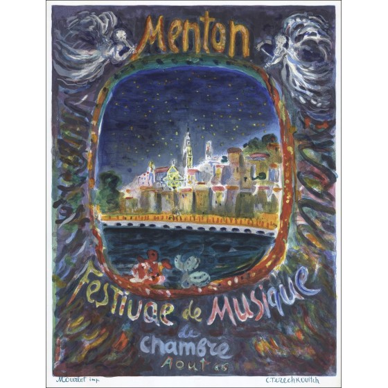 Kostia TERECHKOVITCH - Litografia "Menton, Festival di musica da camera" 67x51cm - Manifesto Originale - 1966