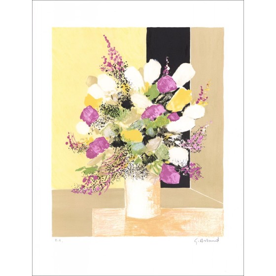 Gilbert Artaud - Litografía original "Ramo de flores en el fondo amarillo" 65x50cm - firmado a lápiz por el artista.