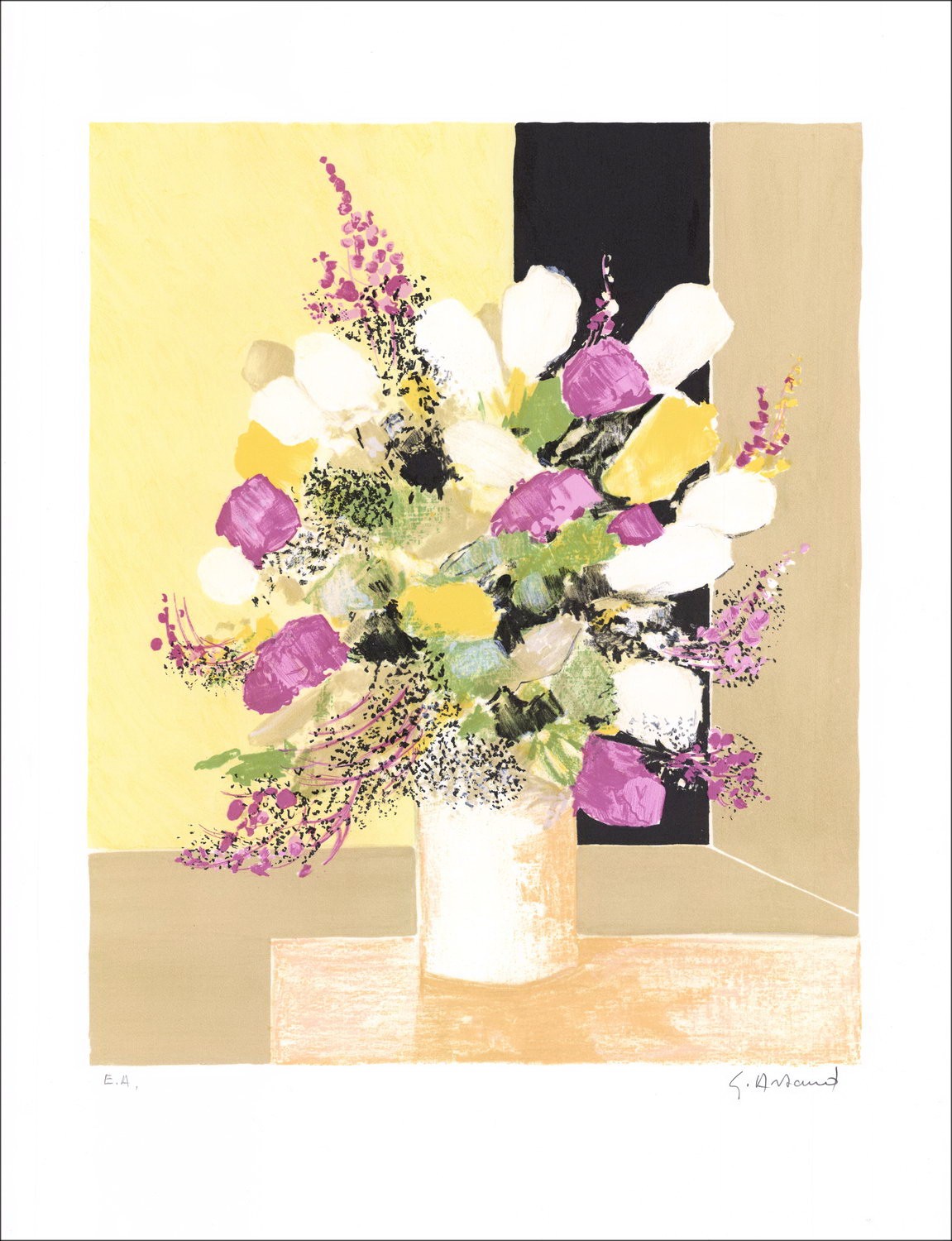 Gilbert Artaud - Litografía original "Ramo de flores en el fondo amarillo" 65x50cm - firmado a lápiz por el artista.