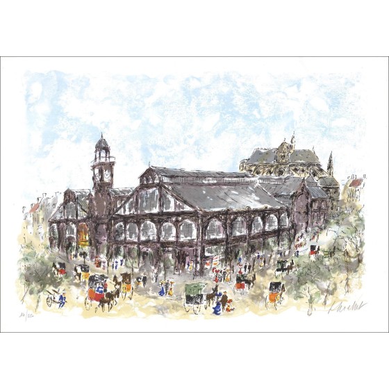 Urban Huchet - Original-Lithographie "Paris, Les Halles und Saint-Eustache" 54x76cm - Originalsignale Lithographie