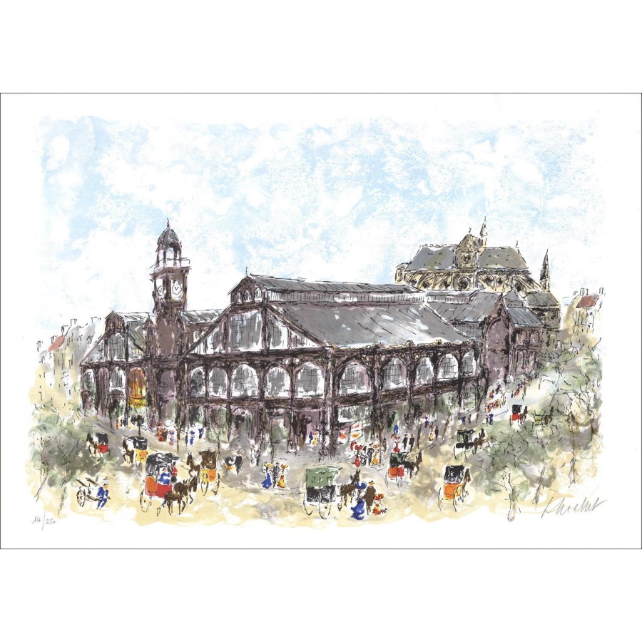 Urban HUCHET - Original Lithograph "Paris, Les halles et Saint-Eustache" 54x76cm - Original Lithograph signed