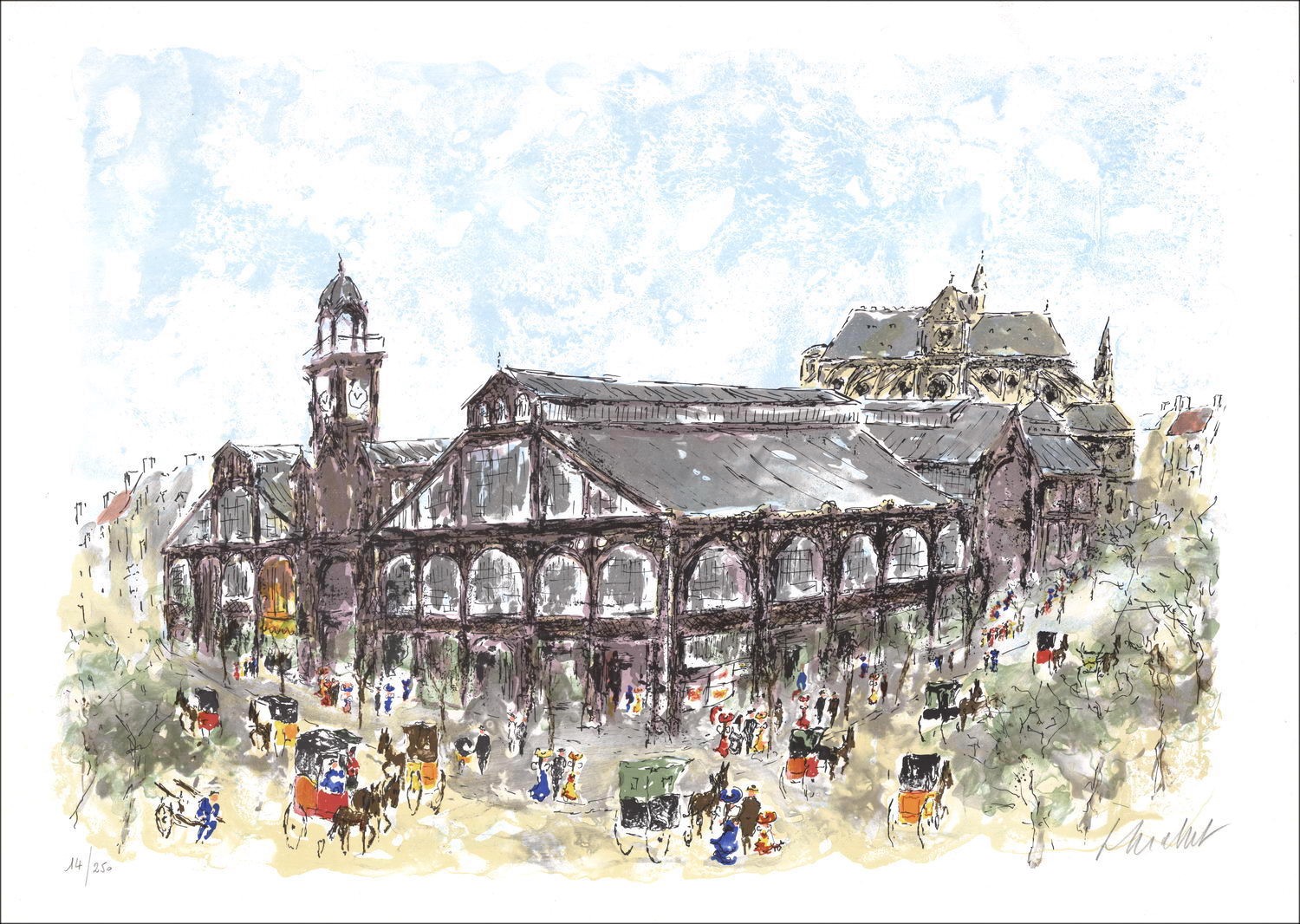 Urban Huchet - Litografia originale "Parigi, Les Halles e Saint-Eustache" 54x76cm - Litografia firmata originale